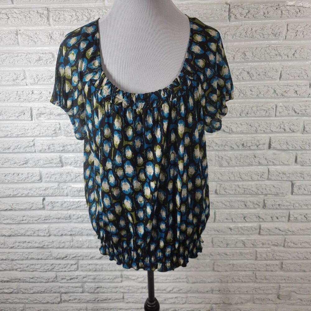 Worthington Womens Peplum Top XL Blue Black Watercolor Puff Sleeve Blouse WAT38E